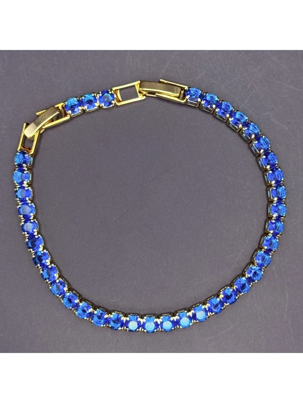 candy+clover bright blue crystal gold tone tennis bracelet